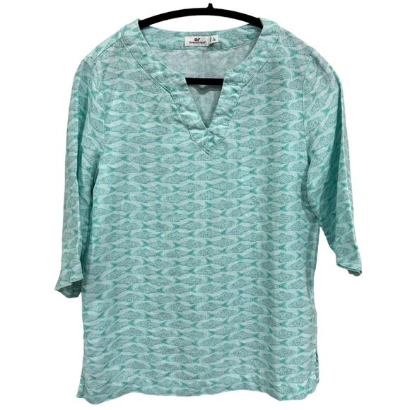 Vineyard Vines 100% Linen Girl's L Top Aqua Blue Fish Pattern 3/4 Sleeve - Picture 1 of 11
